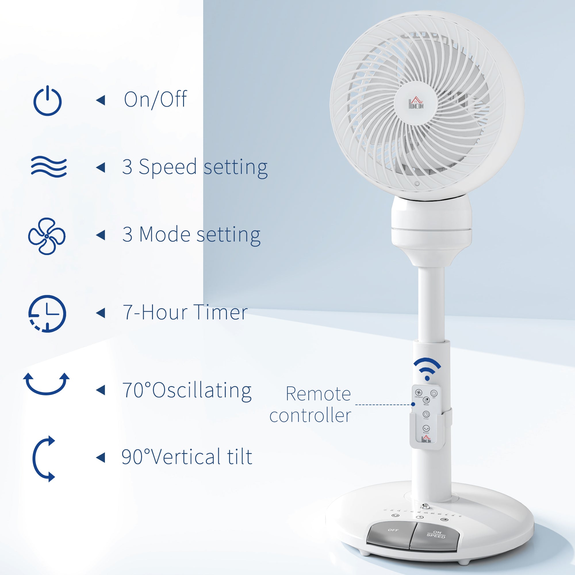 HOMCOM 9'' Air Circulator Fan 3 Speed 3 Mode, 70° Oscillation 90° Vertical Tilt, Remote Controller, for Living Room, Bedroom, Office, White